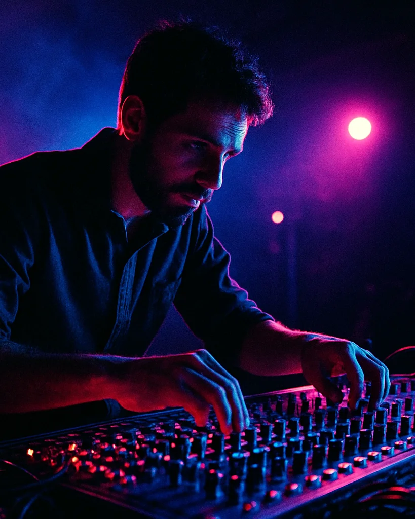 Portrait of a sound engineer adjusting a large, glowing audio mixer, surrounded by cables and stage lights, deep shadows